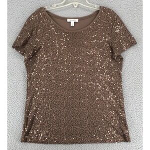 Dress Barn Embellished Top Women Size M Short Sleeve Stretch Sequined Brown